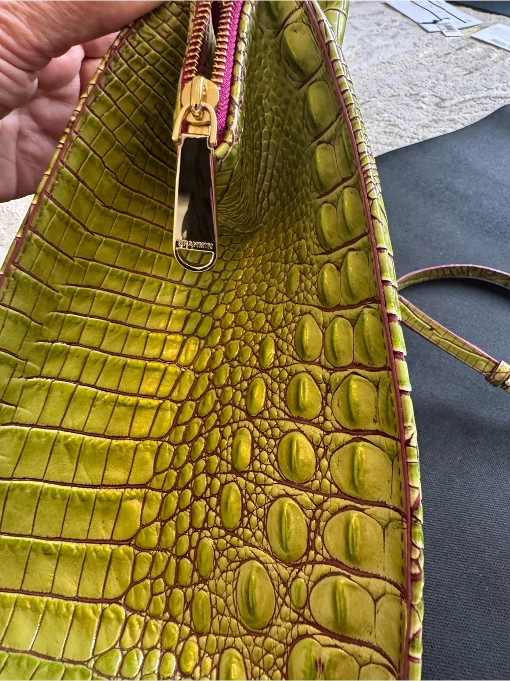 Brahmin Limeade to Fuchsia Ombre Croc-Embossed Satchel